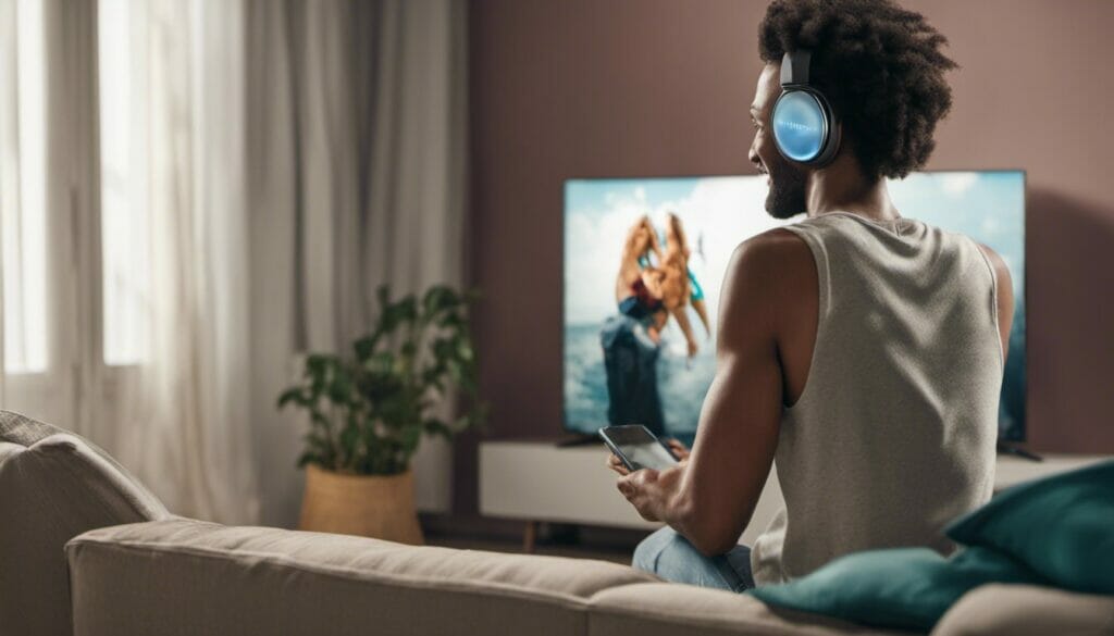 dark skinned man with afro sitting on a couch with phone in hand watching tv How Connect Bluetooth Headphones to TV