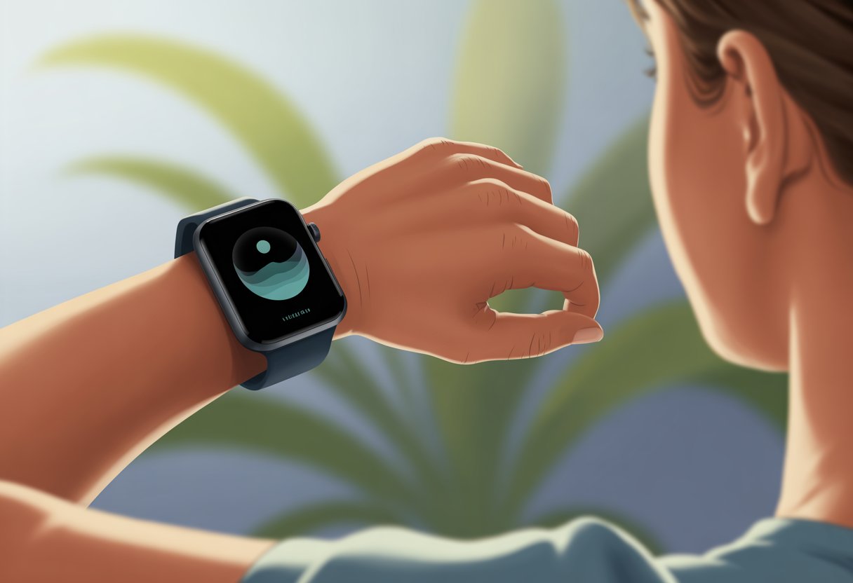 A close-up of a person's wrist wearing a smartwatch displaying a guided breathing animation with expanding and contracting circles.