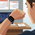 A close-up of a person's wrist wearing a smartwatch showing calendar alerts, with a blurred office background.