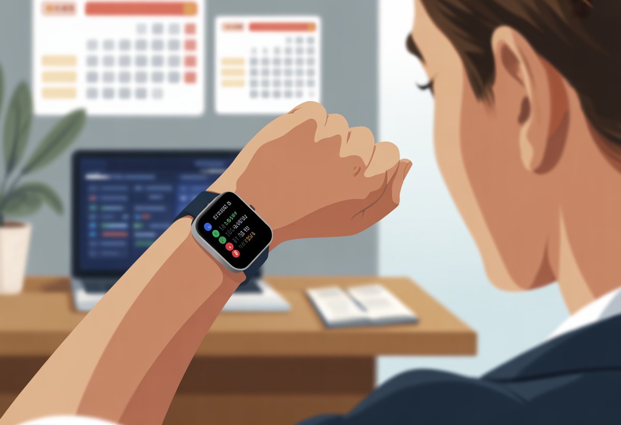 A close-up of a person's wrist wearing a smartwatch showing calendar alerts, with a blurred office background.