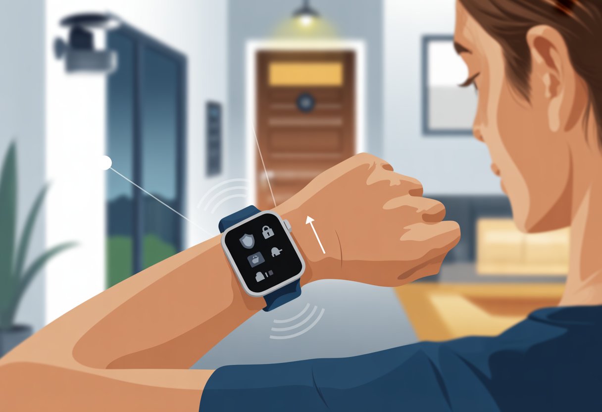 A person indoors wearing a smartwatch that shows home security alert icons, with a front door and security camera visible in the background.