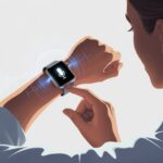 A person using a smartwatch on their wrist, activating a voice assistant with a glowing microphone icon on the watch screen.