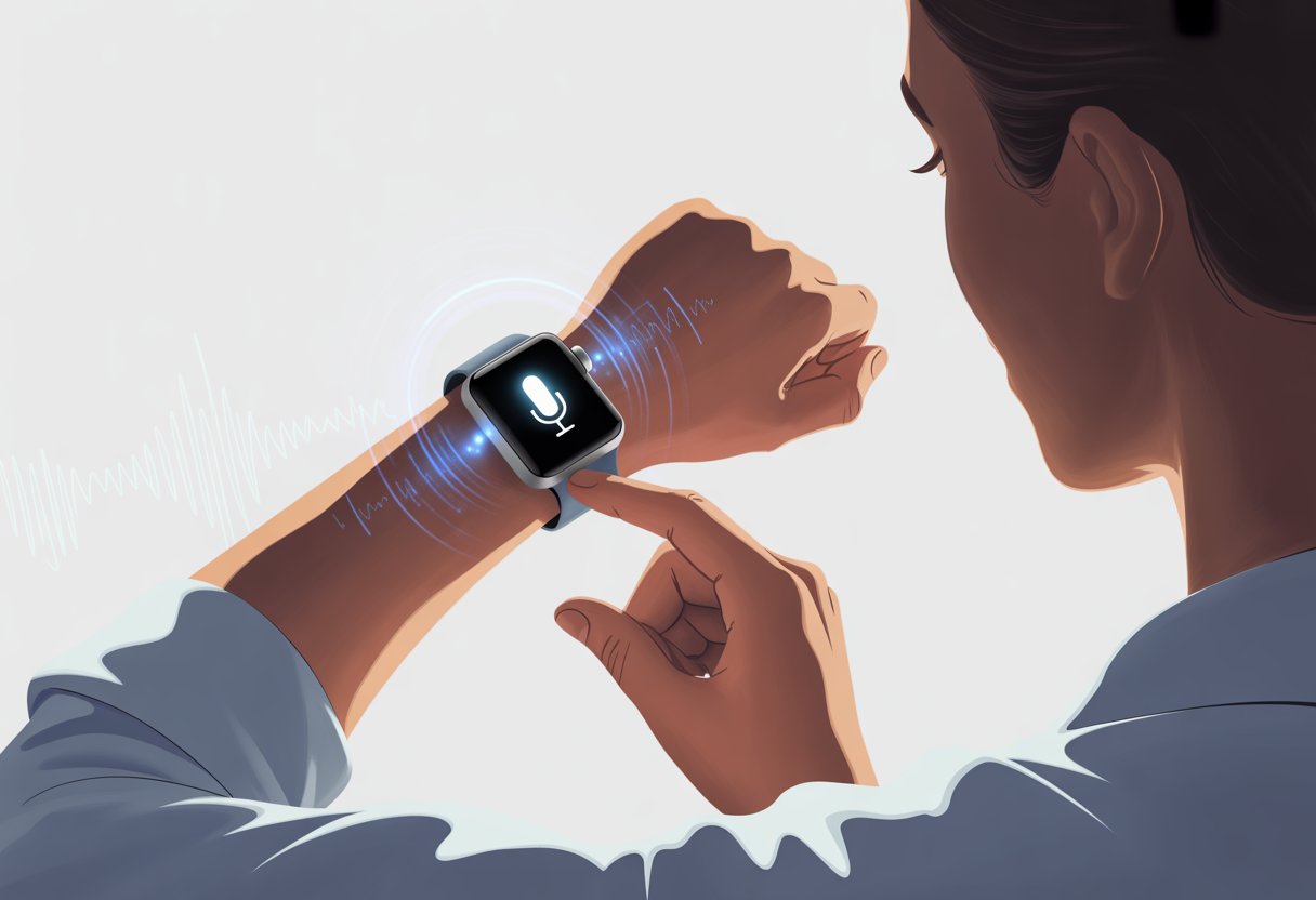 A person using a smartwatch on their wrist, activating a voice assistant with a glowing microphone icon on the watch screen.