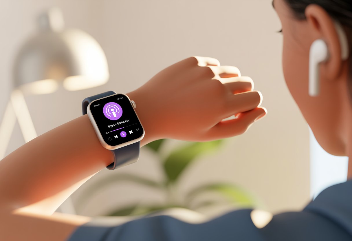 A close-up of a wrist wearing a smartwatch showing a podcast app, with a person wearing wireless earbuds listening to it.