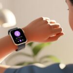A close-up of a wrist wearing a smartwatch showing a podcast app, with a person wearing wireless earbuds listening to it.