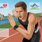 An athlete running on a track wearing a smartwatch, with a swimming pool and cyclist in the background, showing triathlon training.