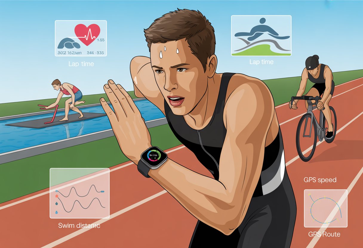 An athlete running on a track wearing a smartwatch, with a swimming pool and cyclist in the background, showing triathlon training.