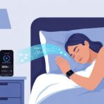 A person sleeping in bed wearing a smartwatch with a smartphone nearby showing sleep tracking data.