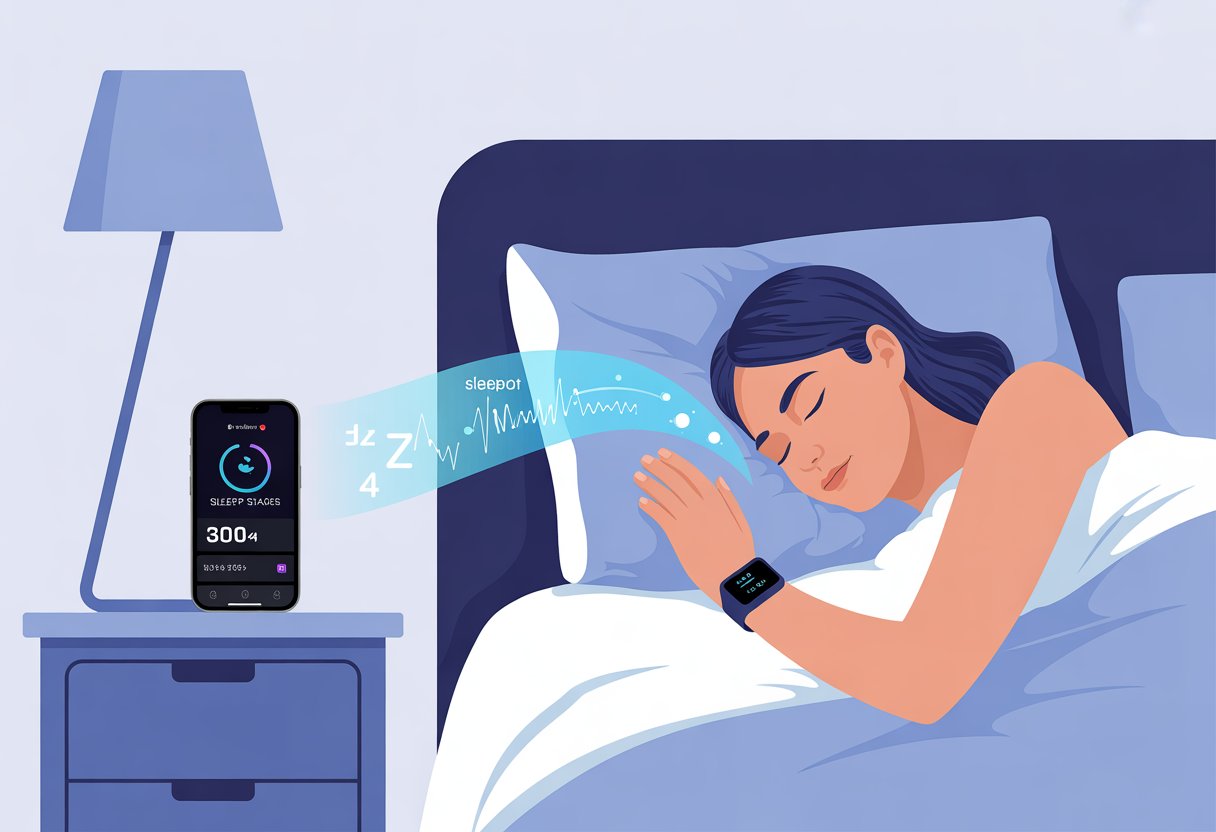 A person sleeping in bed wearing a smartwatch with a smartphone nearby showing sleep tracking data.