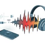 A pair of Bluetooth headphones receiving distorted sound waves from a smartphone with broken wireless signals and interference symbols around them.