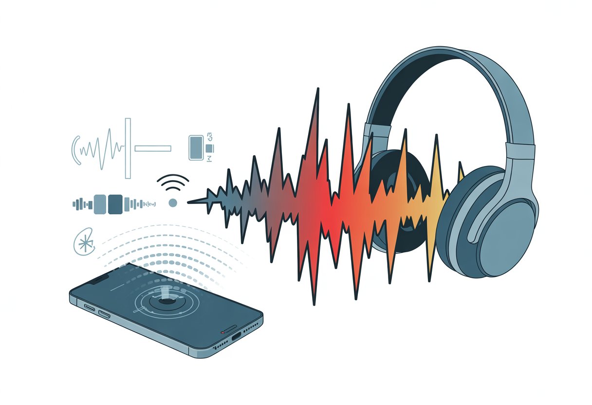 A pair of Bluetooth headphones receiving distorted sound waves from a smartphone with broken wireless signals and interference symbols around them.