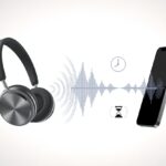 Wireless Bluetooth headphones connected to a smartphone with sound waves and symbols indicating a delay in audio transmission.