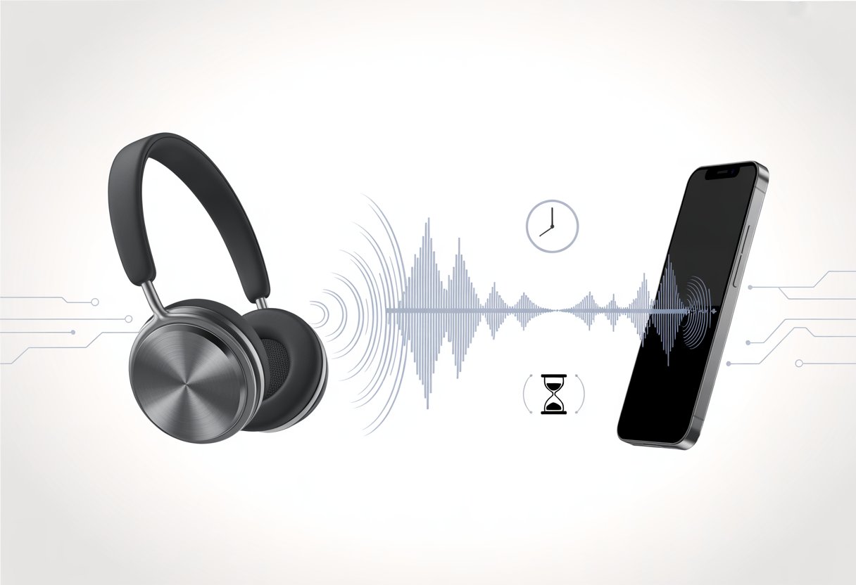 Wireless Bluetooth headphones connected to a smartphone with sound waves and symbols indicating a delay in audio transmission.