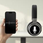 Bluetooth headphones wirelessly connected to a smartphone with audio waveforms showing microphone input.
