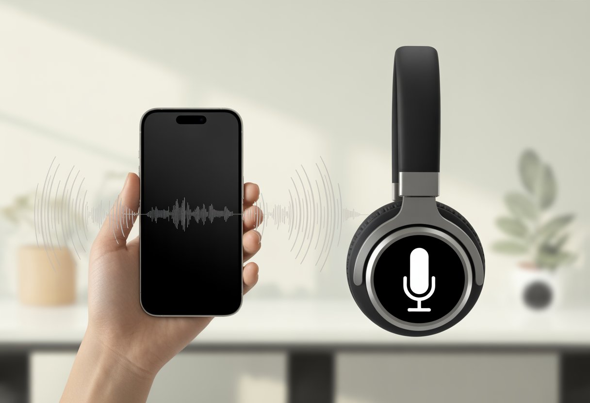 Bluetooth headphones wirelessly connected to a smartphone with audio waveforms showing microphone input.