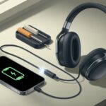 Bluetooth headphones connected to a charging cable on a table with a smartphone showing a charging battery and a small toolkit nearby.