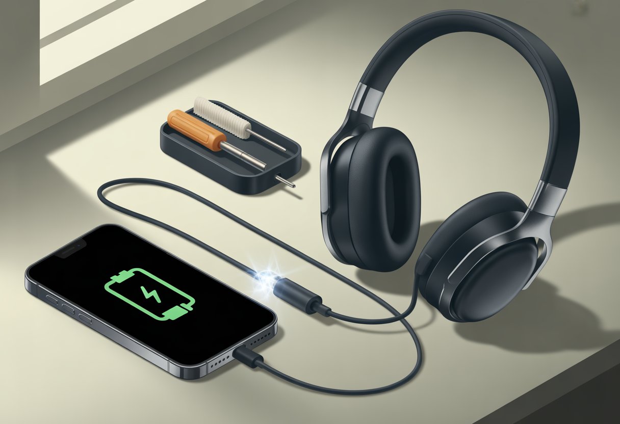 Bluetooth headphones connected to a charging cable on a table with a smartphone showing a charging battery and a small toolkit nearby.