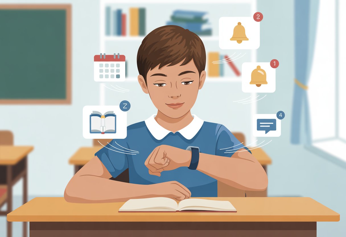 A student wearing a fitness tracker at a school desk with notification icons floating nearby.