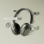 A pair of Bluetooth headphones with digital glitch effects and icons indicating connectivity problems.