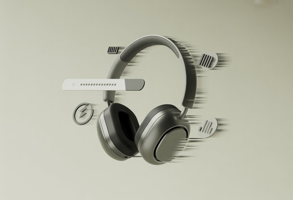 A pair of Bluetooth headphones with digital glitch effects and icons indicating connectivity problems.