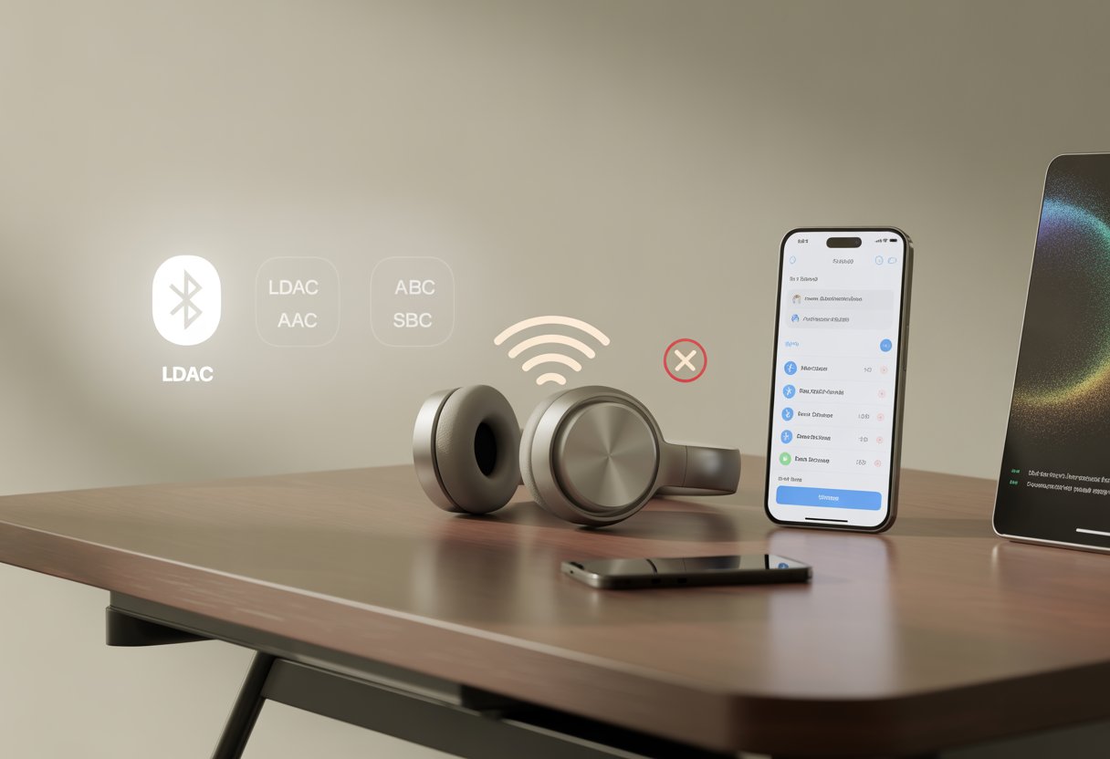 A pair of Bluetooth headphones on a desk near a smartphone showing Bluetooth settings, with a red X icon indicating a connection issue and faint icons representing audio codecs in the background.