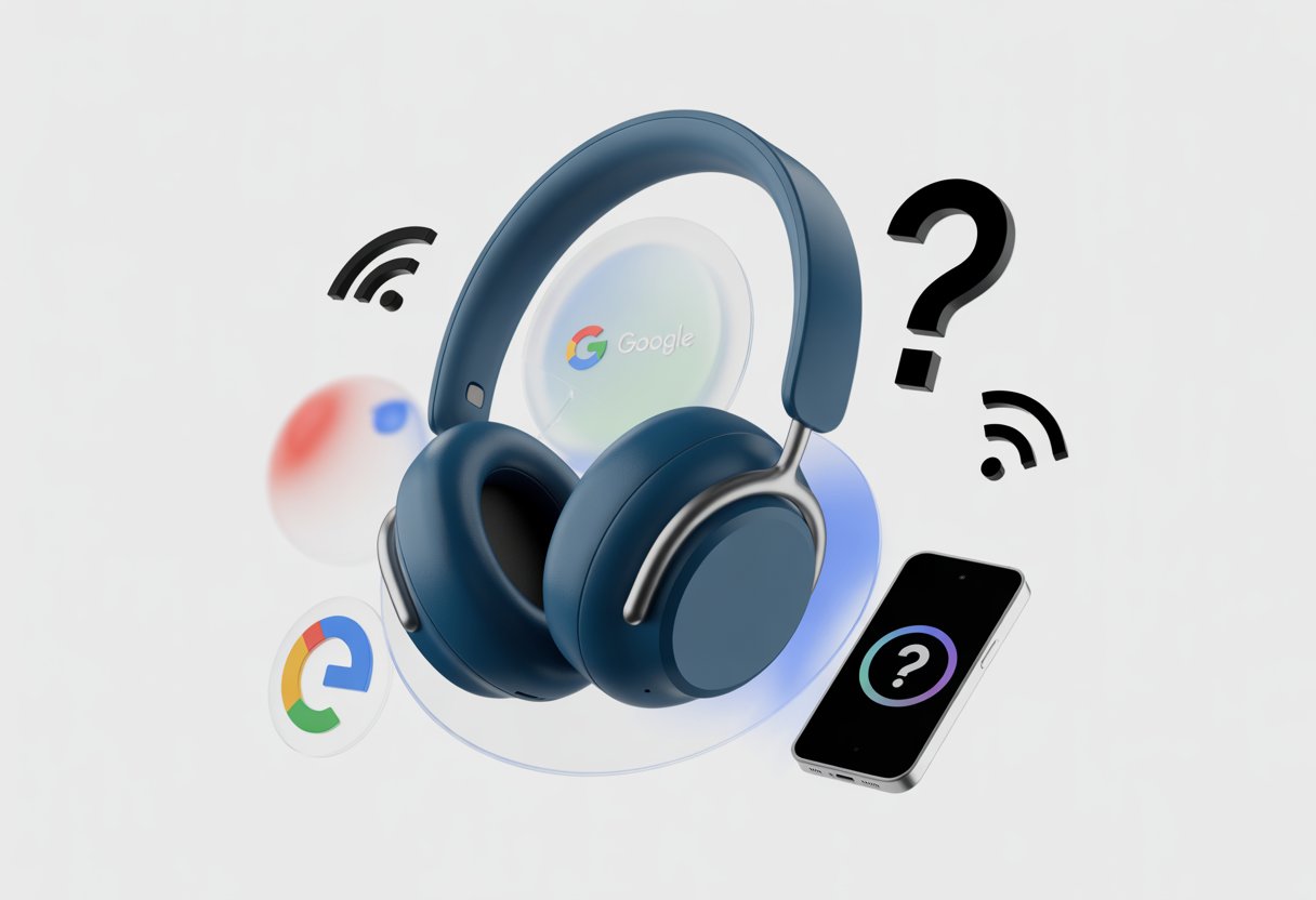 A pair of Bluetooth headphones near a Google Assistant logo with digital icons indicating a connection problem.