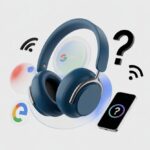 A pair of Bluetooth headphones near a Google Assistant logo with digital icons indicating a connection problem.