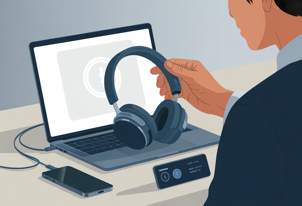 A person adjusting Bluetooth headphones on a desk with a laptop showing a warning icon, surrounded by a smartphone and charging cable.