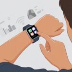 A person tapping on a smartwatch screen to install an app, with app icons and download progress visuals on the watch.