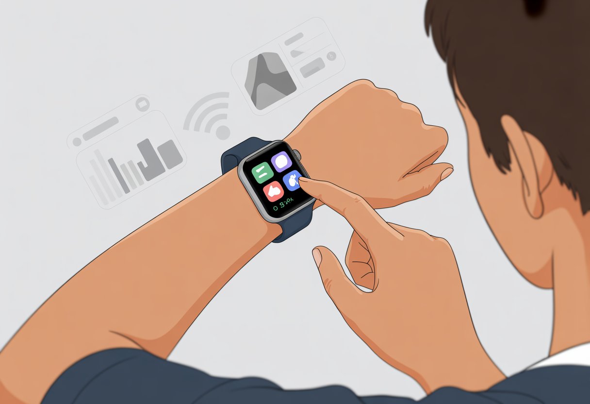 A person tapping on a smartwatch screen to install an app, with app icons and download progress visuals on the watch.