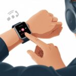 A person using a smartwatch on their wrist to control music, with music icons visible on the watch screen and wireless headphones in the background.