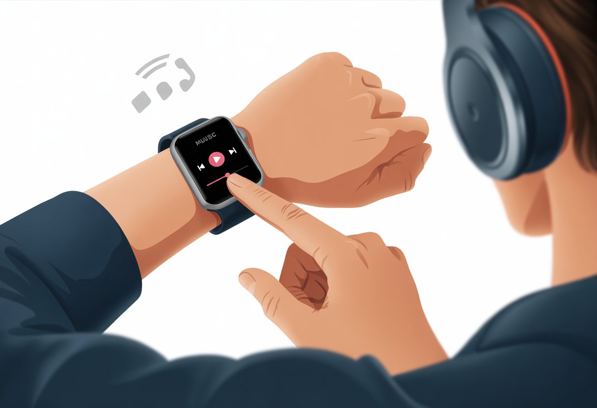 A person using a smartwatch on their wrist to control music, with music icons visible on the watch screen and wireless headphones in the background.