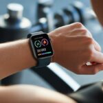 Close-up of a wrist wearing a smartwatch displaying calorie tracking information with a fitness environment in the background.
