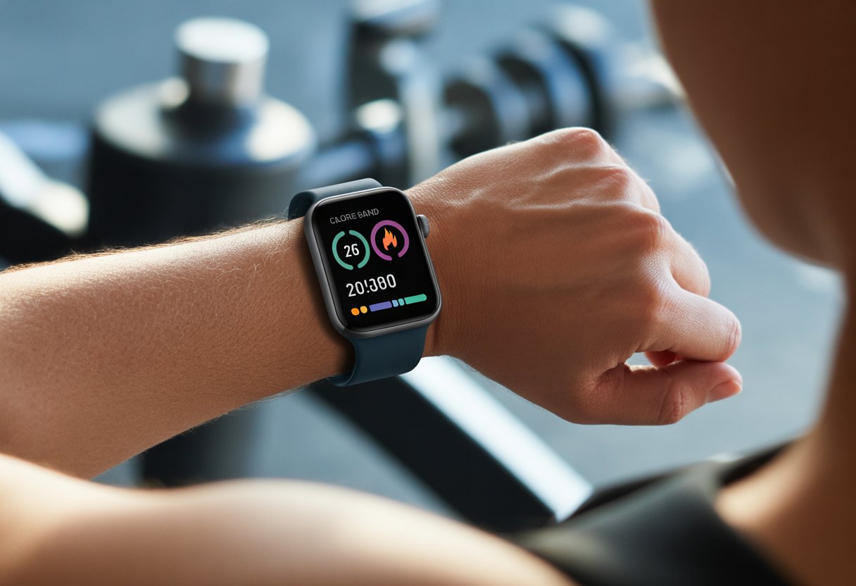 Close-up of a wrist wearing a smartwatch displaying calorie tracking information with a fitness environment in the background.