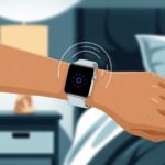 Close-up of a wrist wearing a smartwatch showing vibration waves, with a blurred bedroom background.