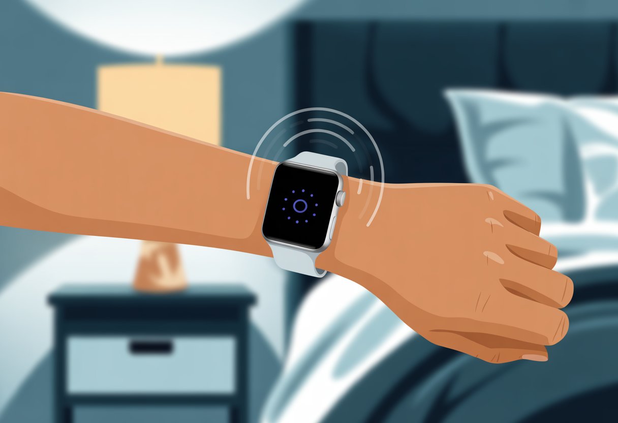 Close-up of a wrist wearing a smartwatch showing vibration waves, with a blurred bedroom background.