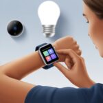 Person using a smartwatch displaying smart home control icons with smart home devices like a light bulb, thermostat, and security camera in the background.