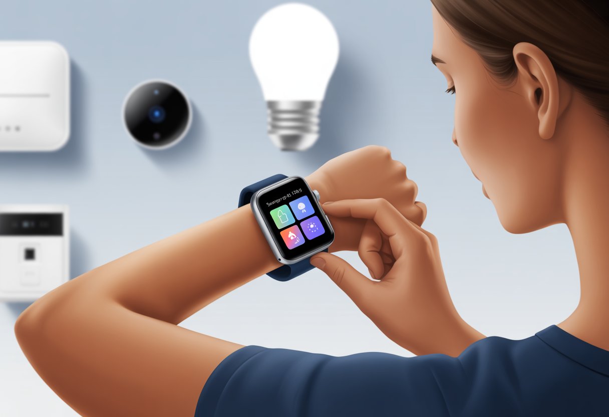 Person using a smartwatch displaying smart home control icons with smart home devices like a light bulb, thermostat, and security camera in the background.