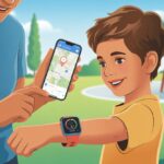 A parent and child outdoors, the child wearing a smartwatch while the parent checks a smartphone showing the child's location on a map.