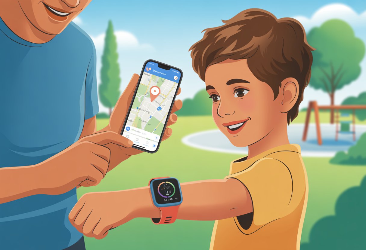 A parent and child outdoors, the child wearing a smartwatch while the parent checks a smartphone showing the child's location on a map.