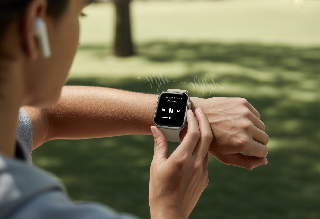 Person wearing a smartwatch with audiobook playback controls on the screen, outdoors in a park setting with wireless earbuds nearby.