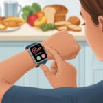 A person using a smartwatch to track gluten intake, with a kitchen background showing gluten-free foods.