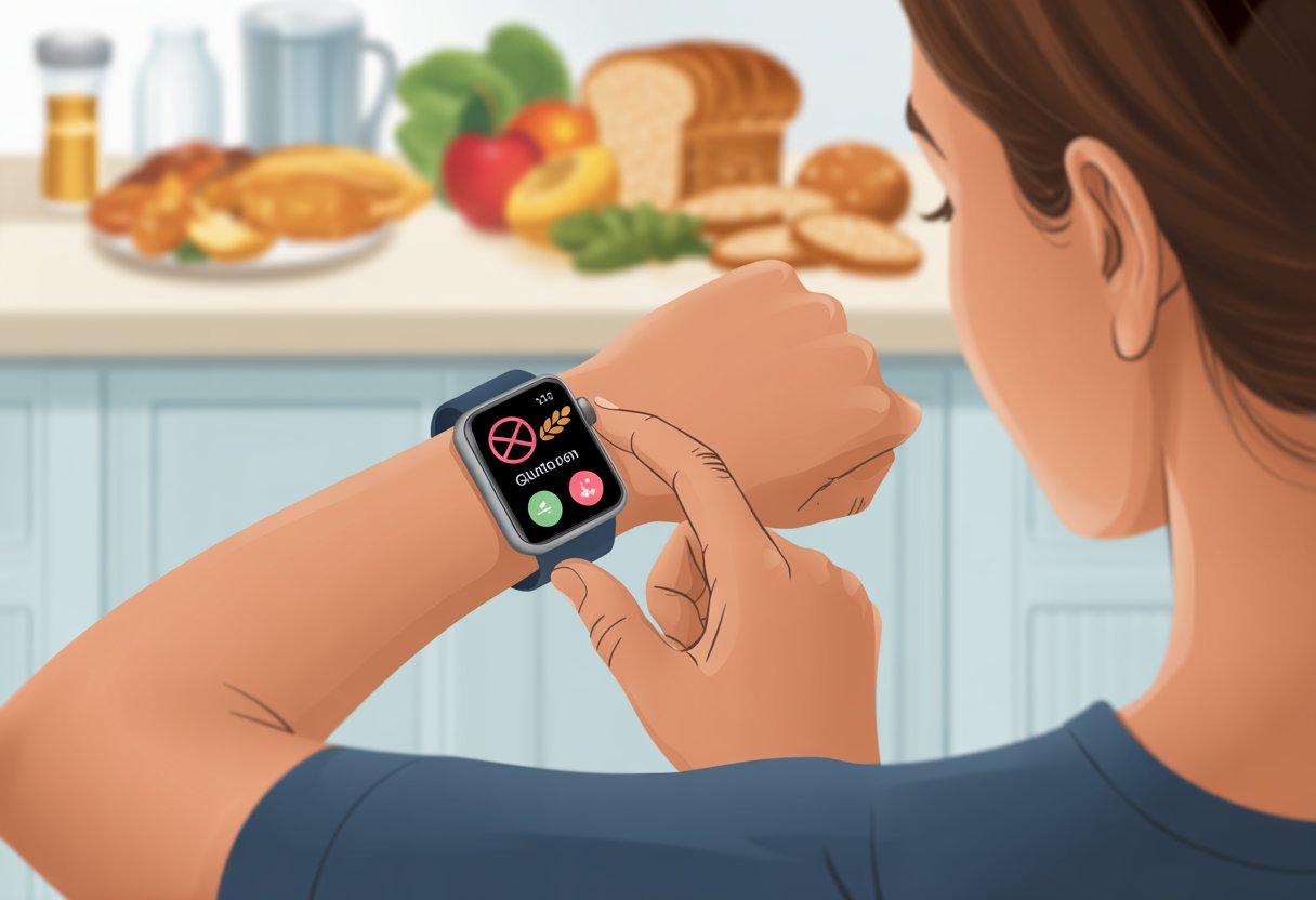 A person using a smartwatch to track gluten intake, with a kitchen background showing gluten-free foods.
