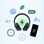 A pair of Bluetooth headphones surrounded by icons representing battery life, including a charged battery, a leaf, a clock, and a smartphone showing Bluetooth connection.