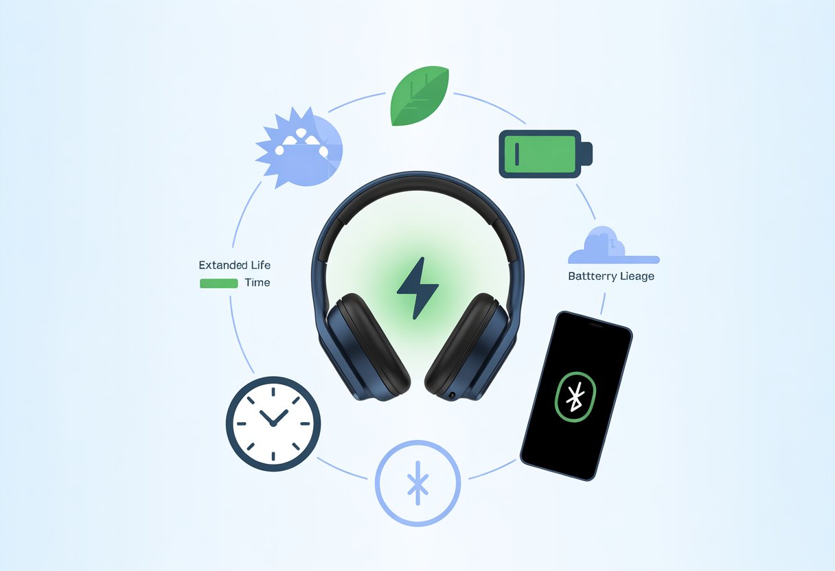 A pair of Bluetooth headphones surrounded by icons representing battery life, including a charged battery, a leaf, a clock, and a smartphone showing Bluetooth connection.