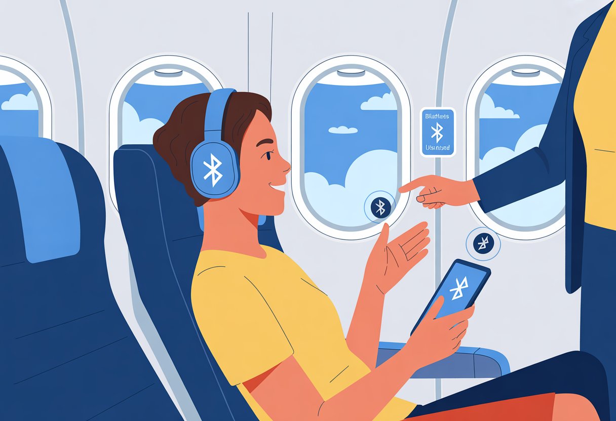 A passenger wearing Bluetooth headphones seated inside an airplane with a flight attendant nearby.