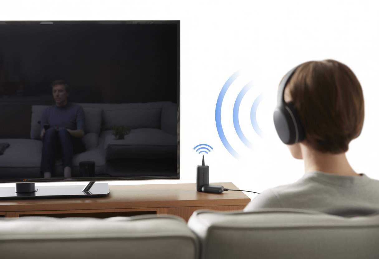 A person sitting on a sofa wearing Bluetooth headphones connected wirelessly to a TV with a Bluetooth transmitter device attached.