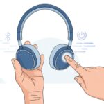 A hand pressing the power button on a pair of Bluetooth headphones to turn them off.