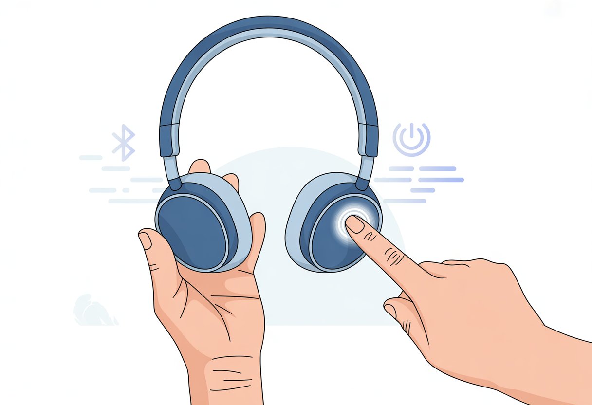 A hand pressing the power button on a pair of Bluetooth headphones to turn them off.