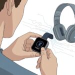A hand holding a Fitbit smartwatch near a pair of Bluetooth headphones with wireless signals connecting them.